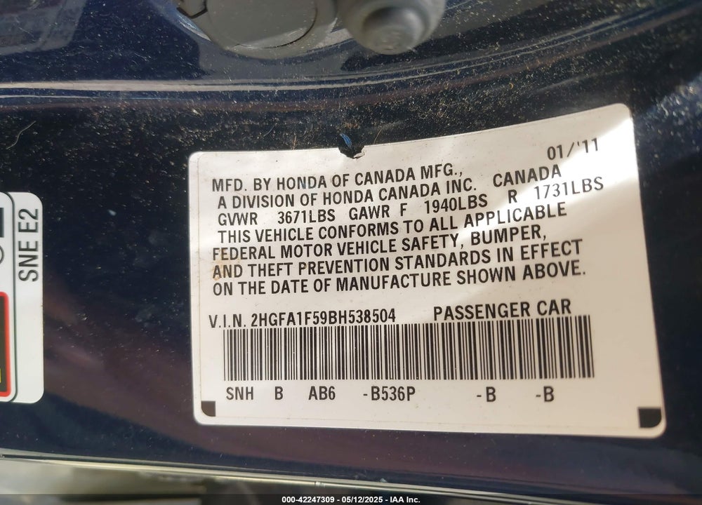 2011 HONDA CIVIC LX VIN: 2HGFA1F59BH538504
