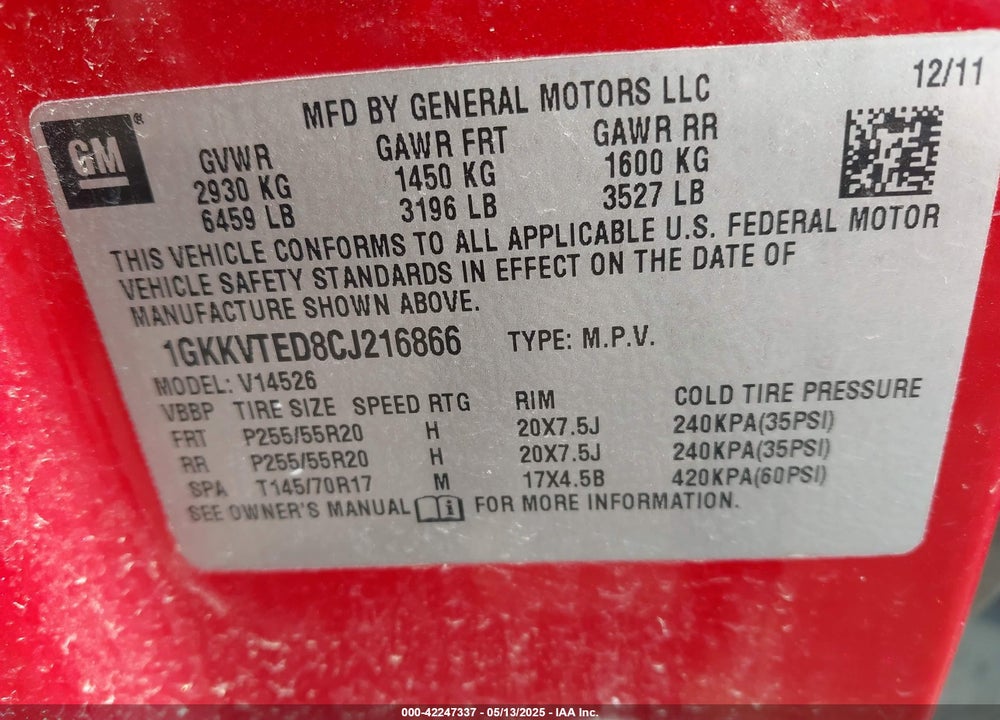 2012 GMC ACADIA DENALI VIN: 1GKKVTED8CJ216866