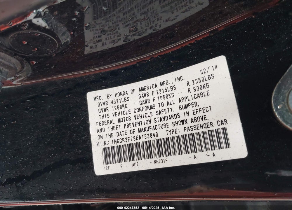 2014 HONDA ACCORD VIN: 1HGCR2F79EA153840