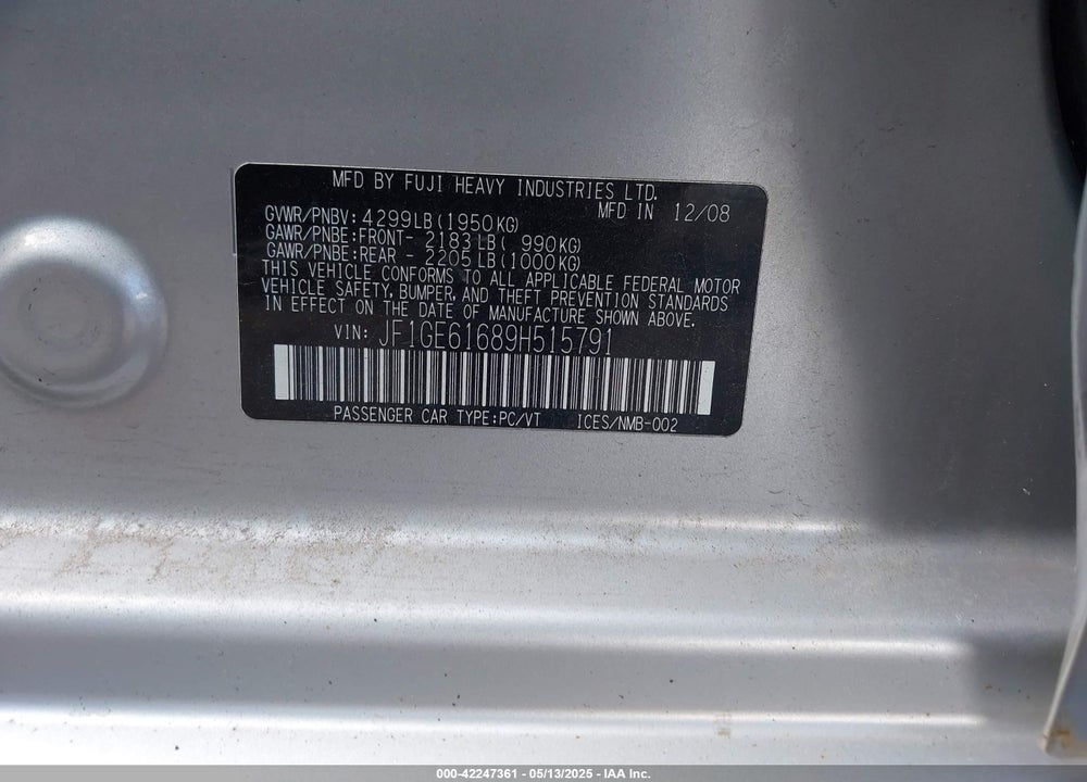 2009 SUBARU IMPREZA 2.5I VIN: JF1GE61689H515791