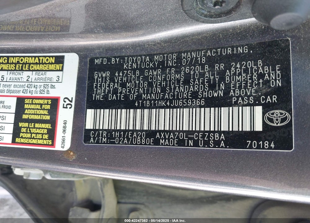 2018 TOYOTA CAMRY VIN: 4T1B11HK4JU659366
