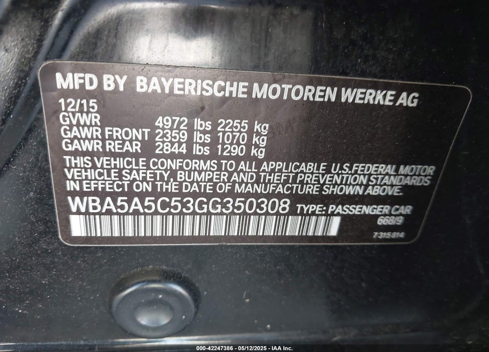 2016 BMW 528I VIN: WBA5A5C53GG350308