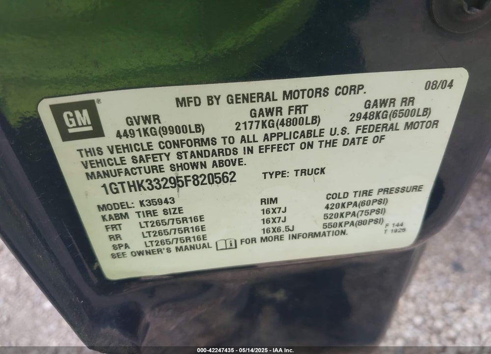 2005 GMC SIERRA 3500 SLE VIN: 1GTHK33295F820562