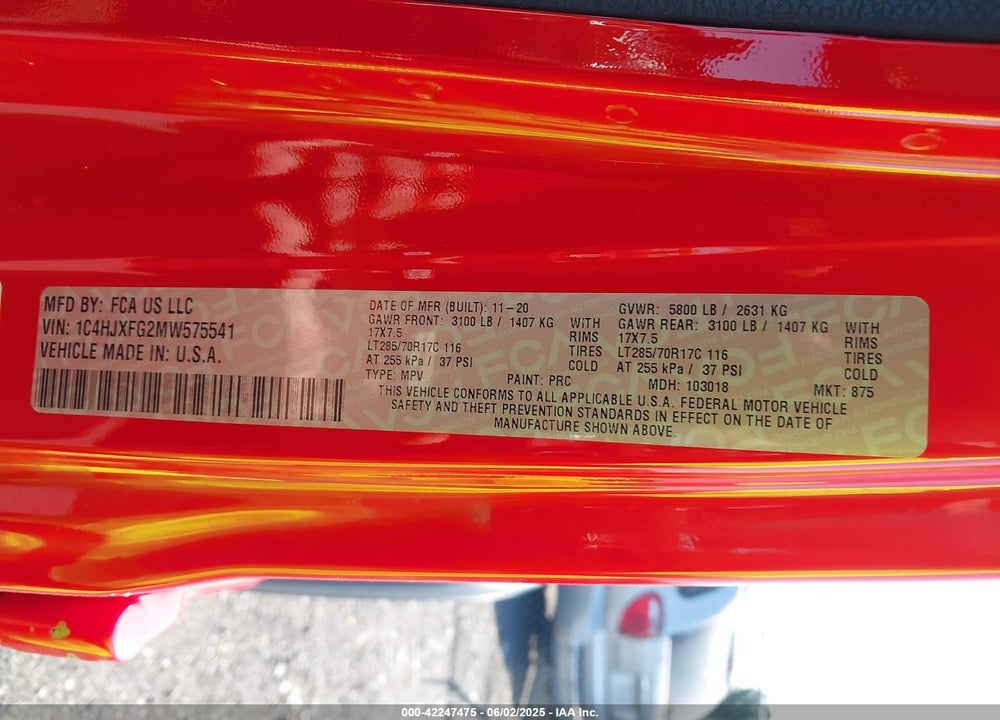 2021 JEEP WRANGLER UNLIMITED VIN: 1C4HJXFG2MW575541