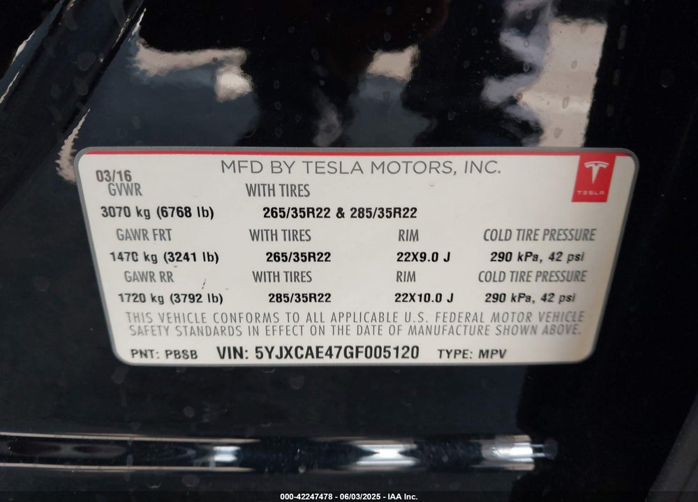 2016 TESLA MODEL X 60D/P100D/P90D VIN: 5YJXCAE47GF005120
