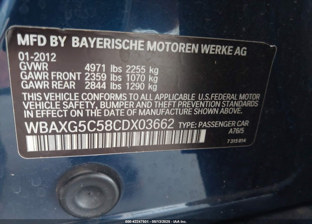 2012 BMW 528I VIN: WBAXG5C58CDX03662