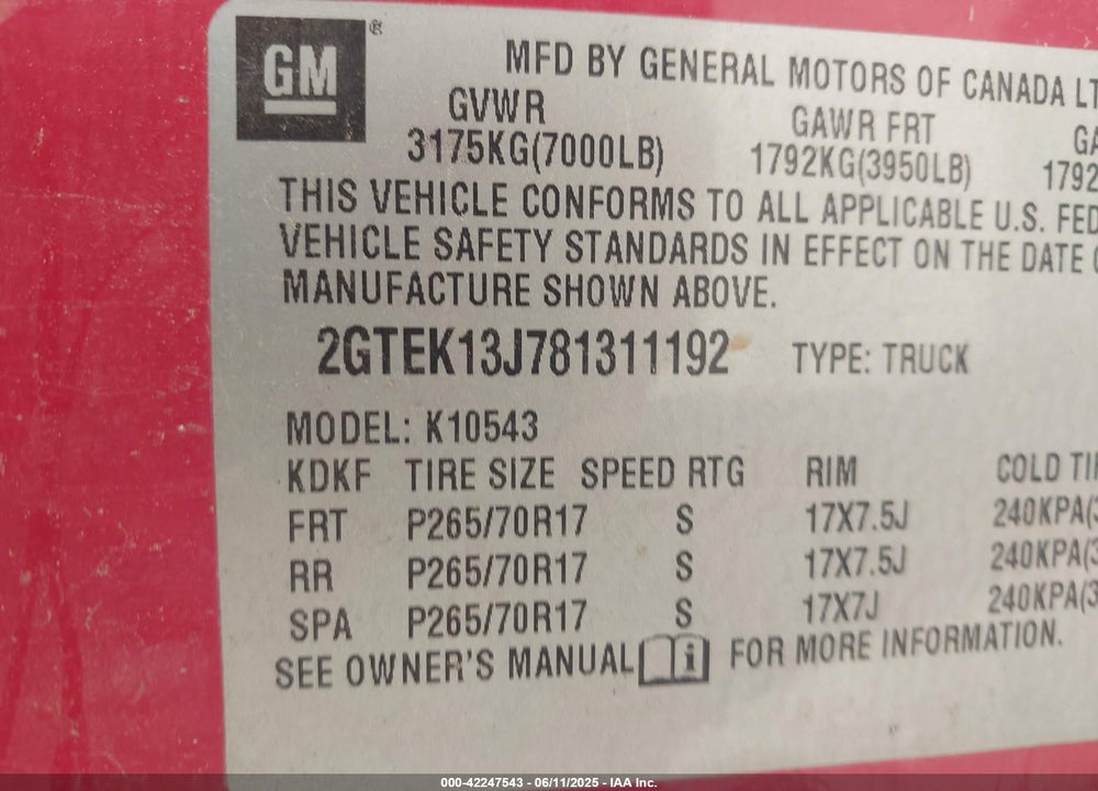2008 GMC SIERRA 1500 VIN: 2GTEK13J781311192