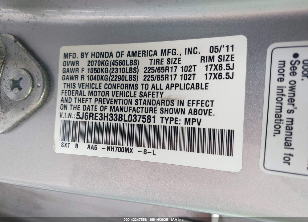 2011 HONDA CR-V VIN: 5J6RE3H33BL037581