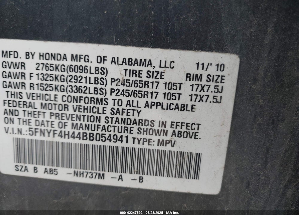 2011 HONDA PILOT EX VIN: 5FNYF4H44BB054941