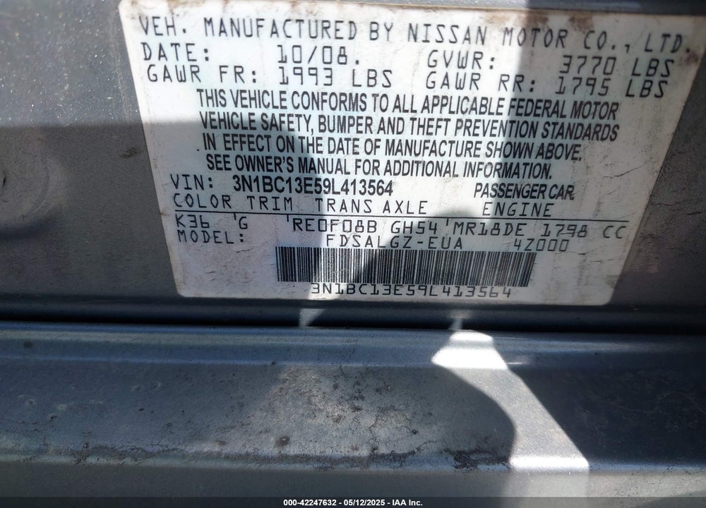2009 NISSAN VERSA 1.8SL VIN: 3N1BC13E59L413564