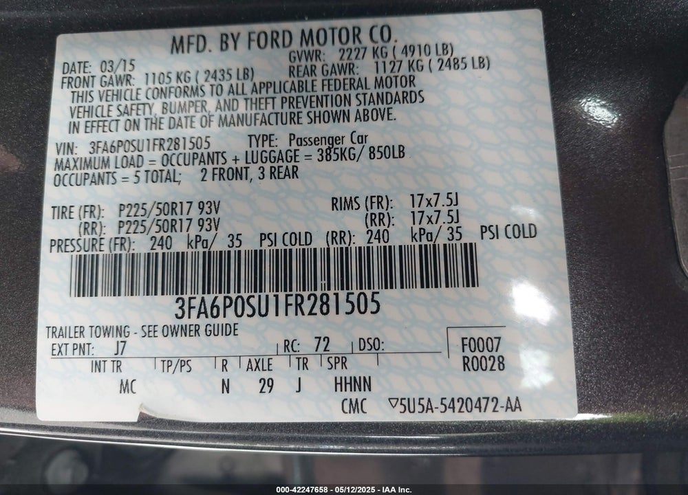 2015 FORD FUSION ENERGI VIN: 3FA6P0SU1FR281505