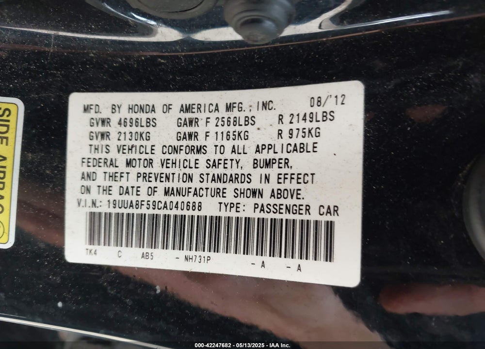 2012 ACURA TL 3.5 VIN: 19UUA8F59CA040688