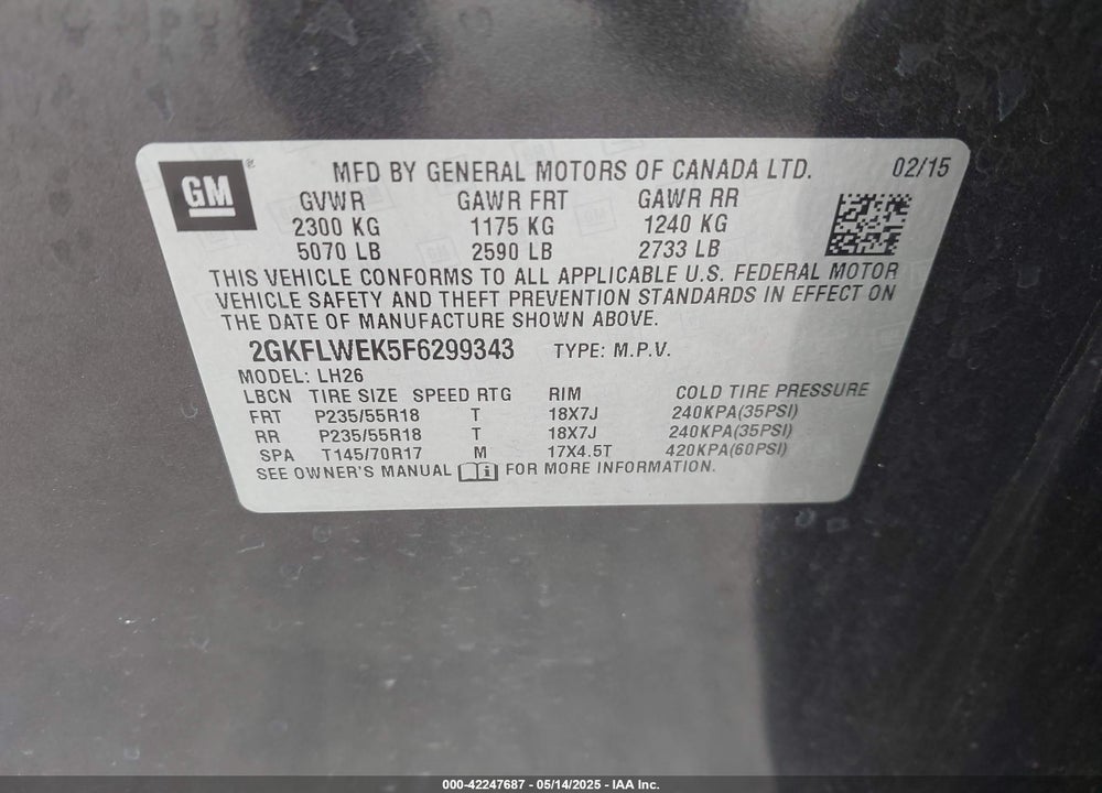 2015 GMC TERRAIN SLE-2 VIN: 2GKFLWEK5F6299343
