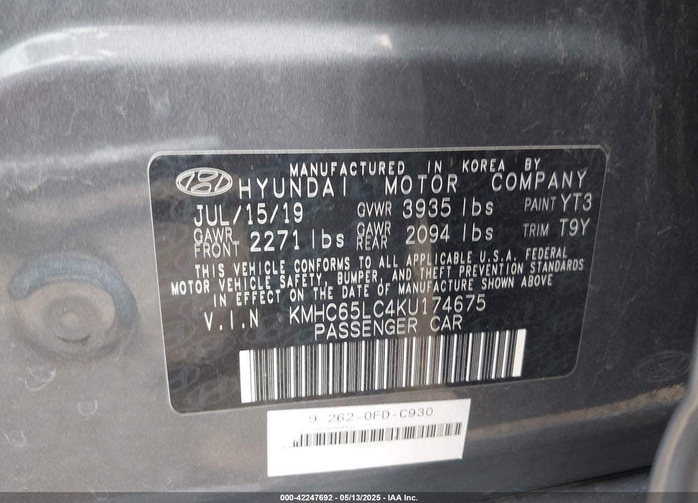 2019 HYUNDAI IONIQ HYBRID VIN: KMHC65LC4KU174675