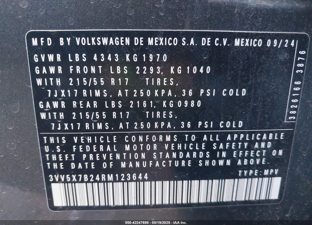 2024 VOLKSWAGEN TAOS 1.5T S VIN: 3VV5X7B24RM123644