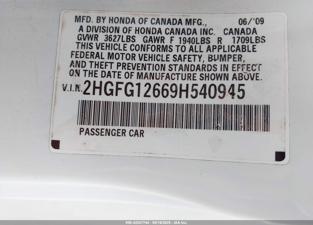 2009 HONDA CIVIC LX VIN: 2HGFG12669H540945