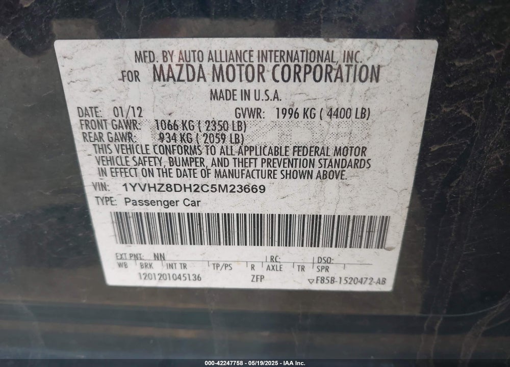 2012 MAZDA MAZDA6 VIN: 1YVHZ8DH2C5M23669