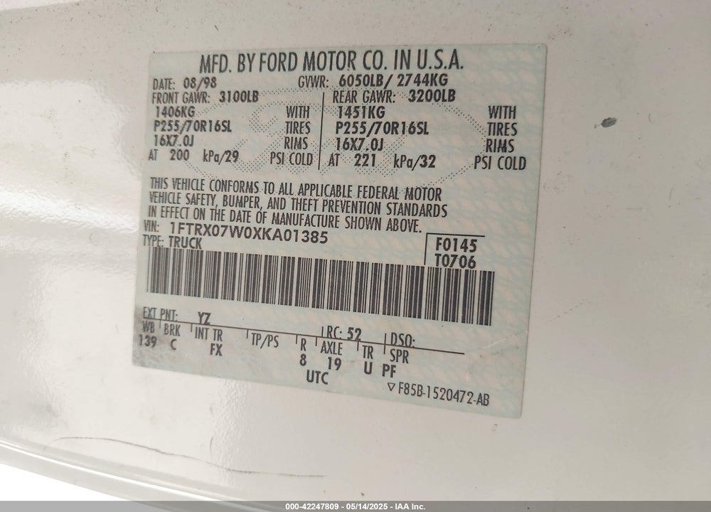 1999 FORD F-150 LARIAT/WORK SERIES/XL/XLT VIN: 1FTRX07W0XKA01385