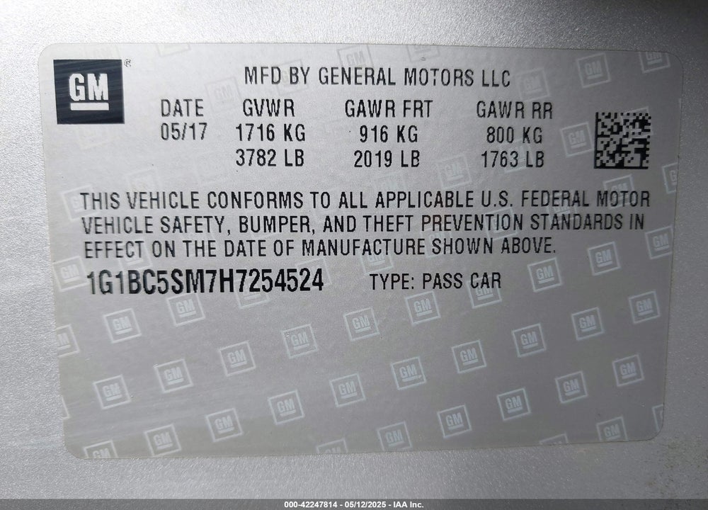 2017 CHEVROLET CRUZE LS AUTO VIN: 1G1BC5SM7H7254524