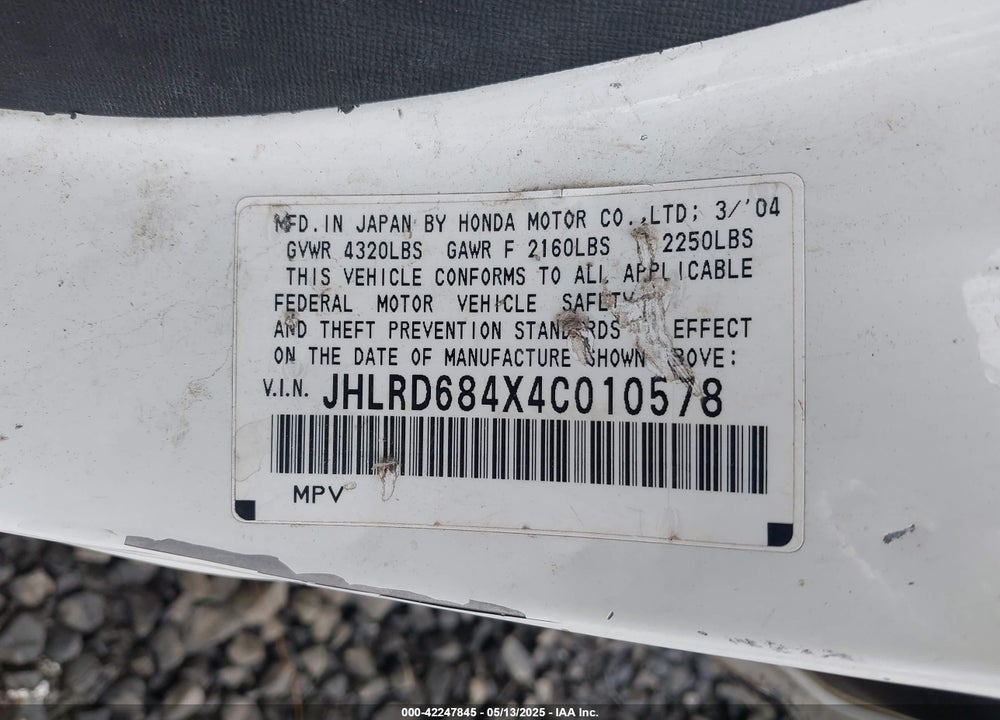 2004 HONDA CR-V LX VIN: JHLRD684X4C010578