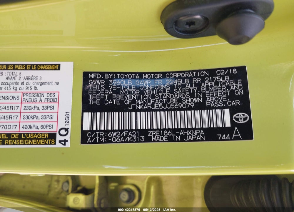 2018 TOYOTA COROLLA IM VIN: JTNKARJE5JJ569079