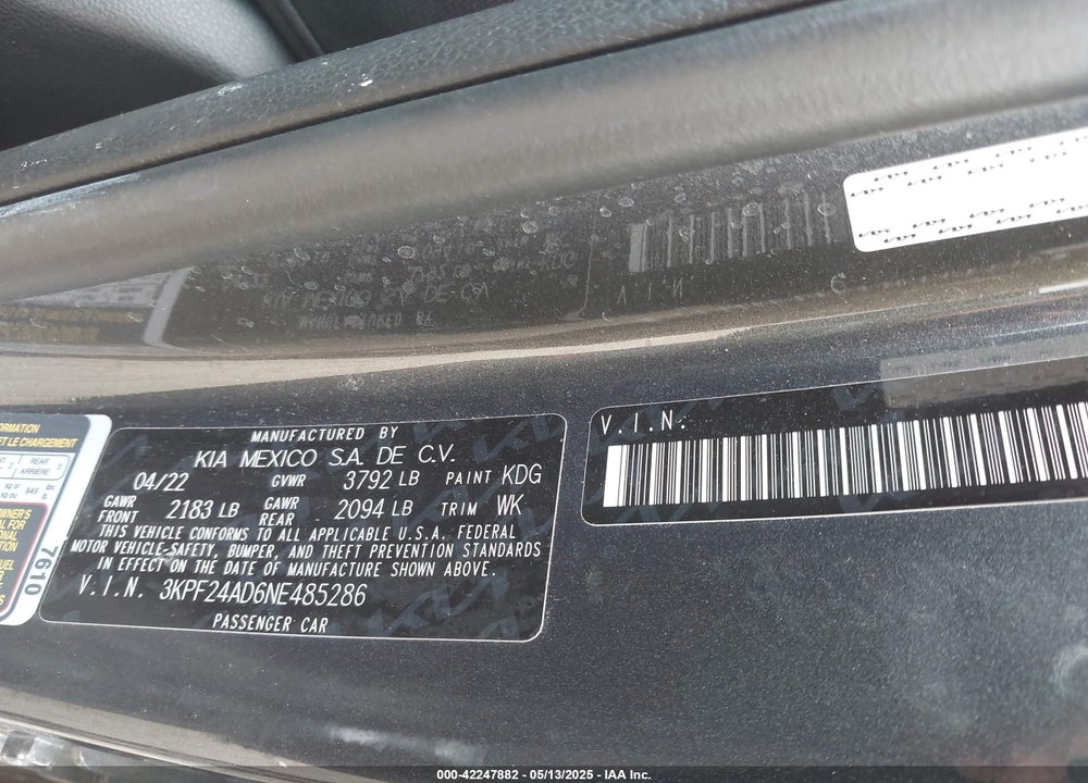 2022 KIA FORTE VIN: 3KPF24AD6NE485286