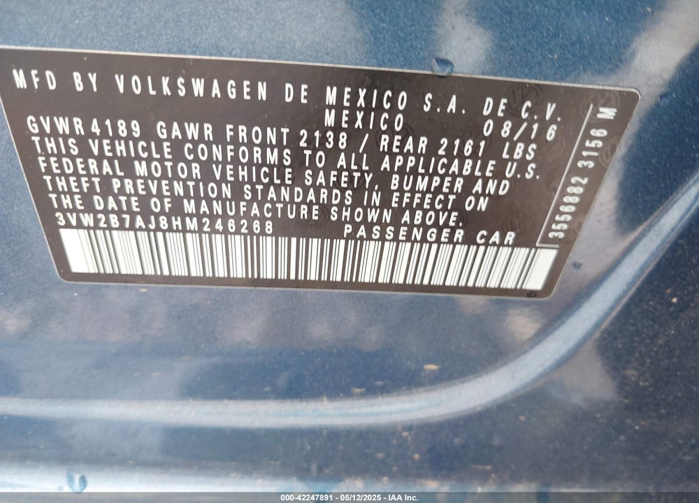 2017 VOLKSWAGEN JETTA VIN: 3VW2B7AJ8HM246268