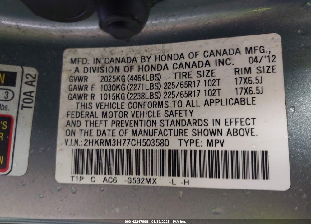 2012 HONDA CR-V VIN: 2HKRM3H77CH503580