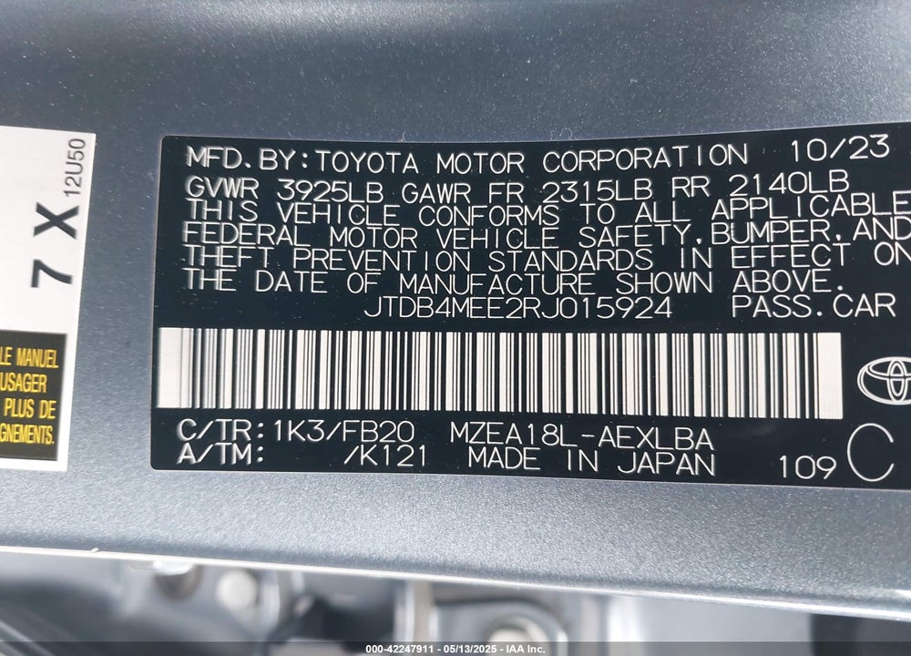 2024 TOYOTA COROLLA LE VIN: JTDB4MEE2RJ015924