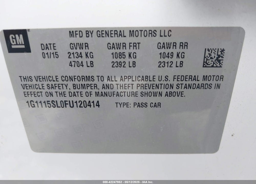 2015 CHEVROLET IMPALA 1LT VIN: 1G1115SL0FU120414