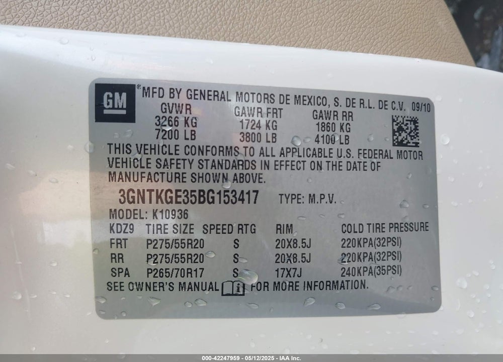 2011 CHEVROLET AVALANCHE 1500 LTZ VIN: 3GNTKGE35BG153417