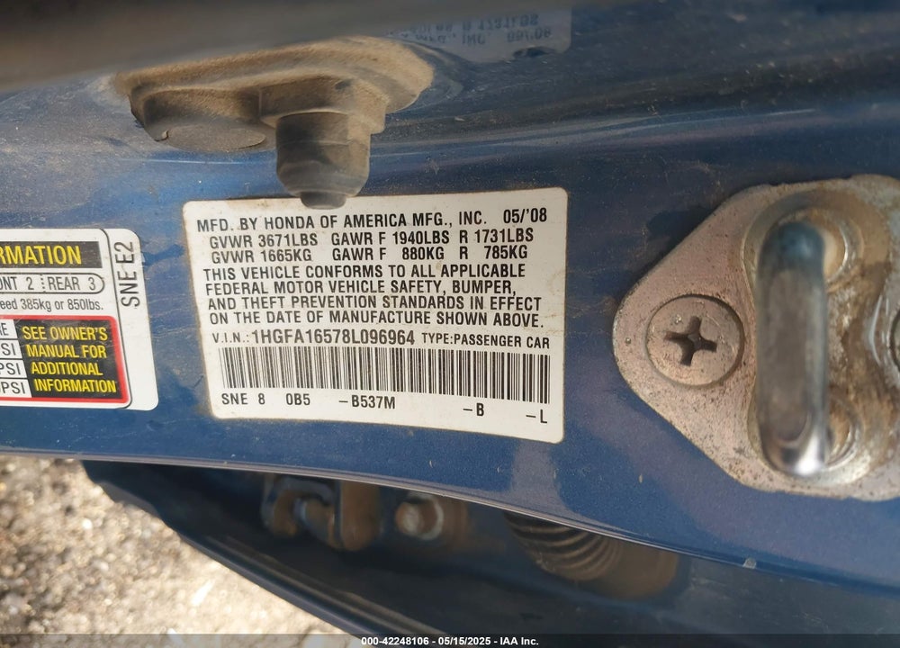 2008 HONDA CIVIC LX VIN: 1HGFA16578L096964
