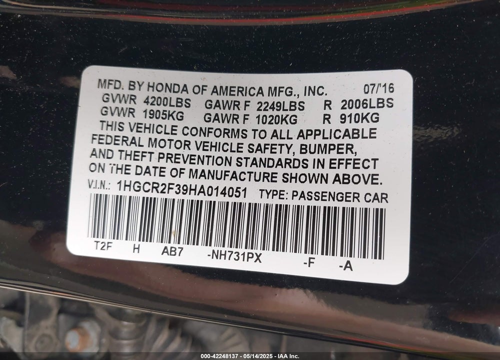 2017 HONDA ACCORD VIN: 1HGCR2F39HA014051