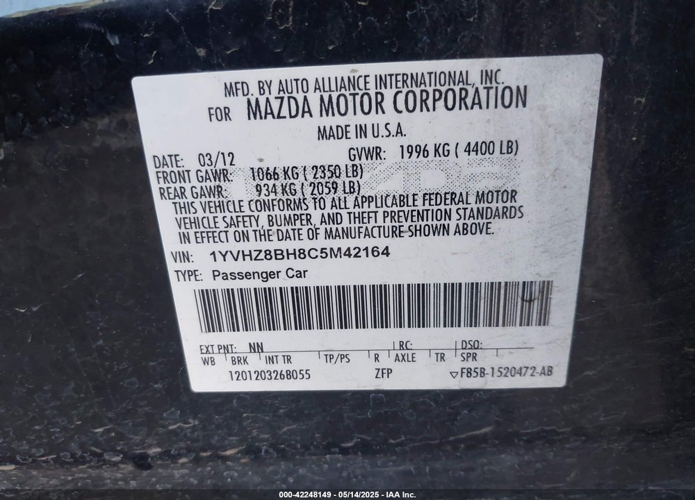 2012 MAZDA 6 VIN: 1YVHZ8BH8C5M42164