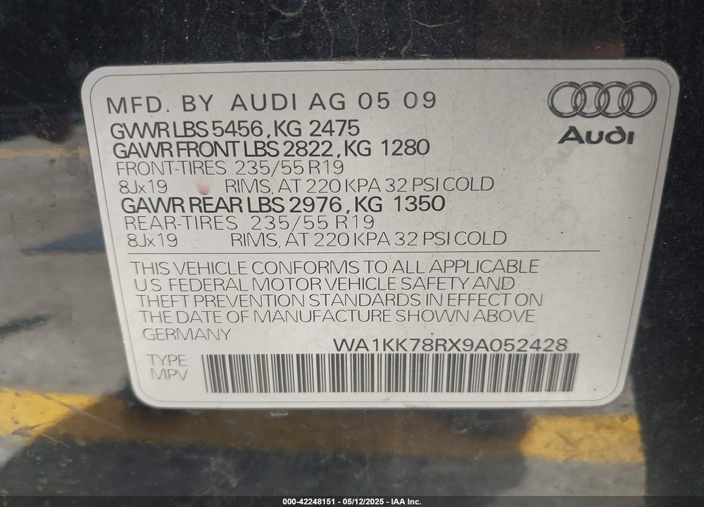 2009 AUDI Q5 3.2 PREMIUM VIN: WA1KK78RX9A052428