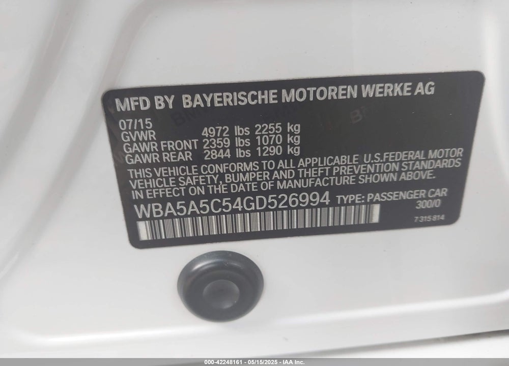 2016 BMW 528I VIN: WBA5A5C54GD526994