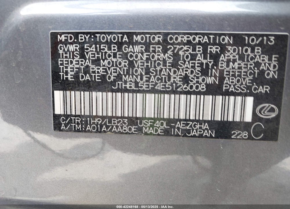 2014 LEXUS LS460 VIN: JTHBL5EF4E5126008