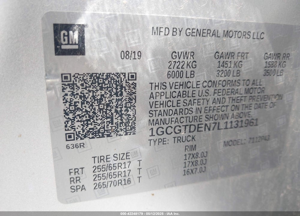 2020 CHEVROLET COLORADO VIN: 1GCGTDEN7L1131961
