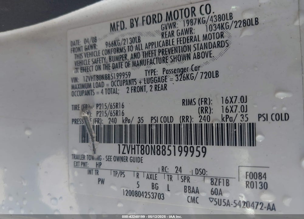 2008 FORD MUSTANG VIN: 1ZVHT80N885199959