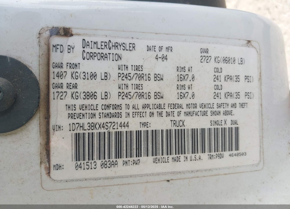 2004 DODGE DAKOTA SPORT/SXT VIN: 1D7HL38KX4S721444