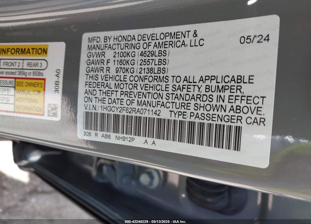 2024 HONDA ACCORD HYBRID EX-L VIN: 1HGCY2F62RA071142