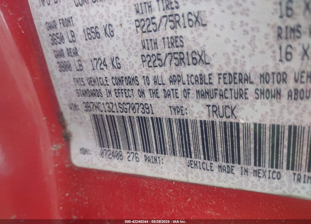 1995 DODGE RAM 1500 VIN: 3B7HC13Z1SG707391