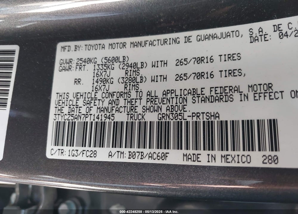2023 TOYOTA TACOMA TRAIL EDITION VIN: 3TYCZ5AN7PT141945
