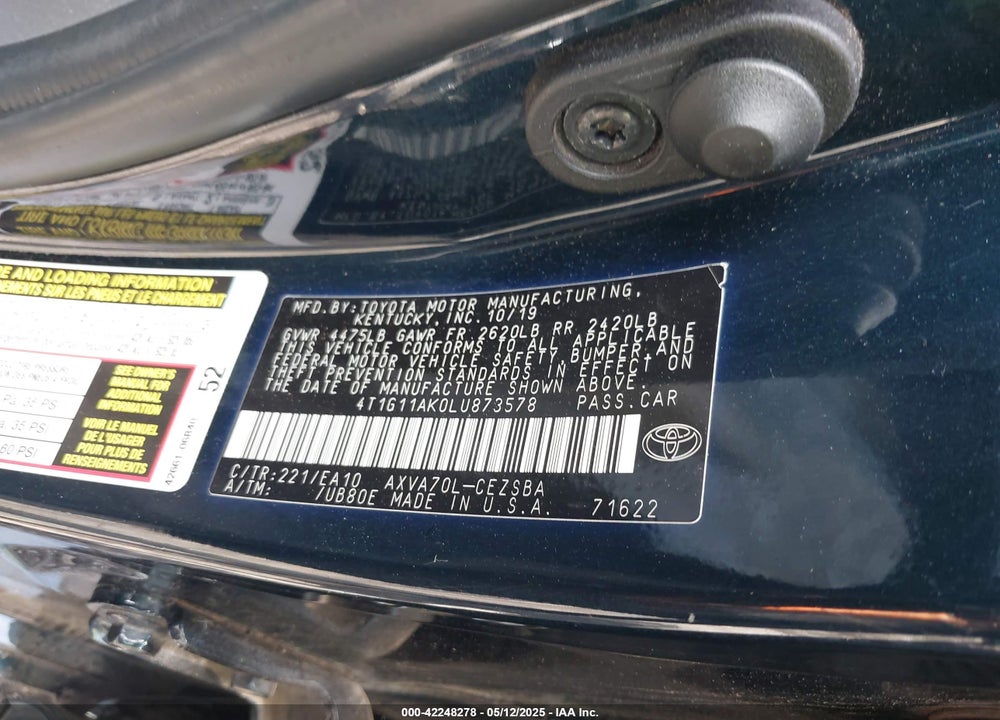 2020 TOYOTA CAMRY VIN: 4T1G11AK0LU873578