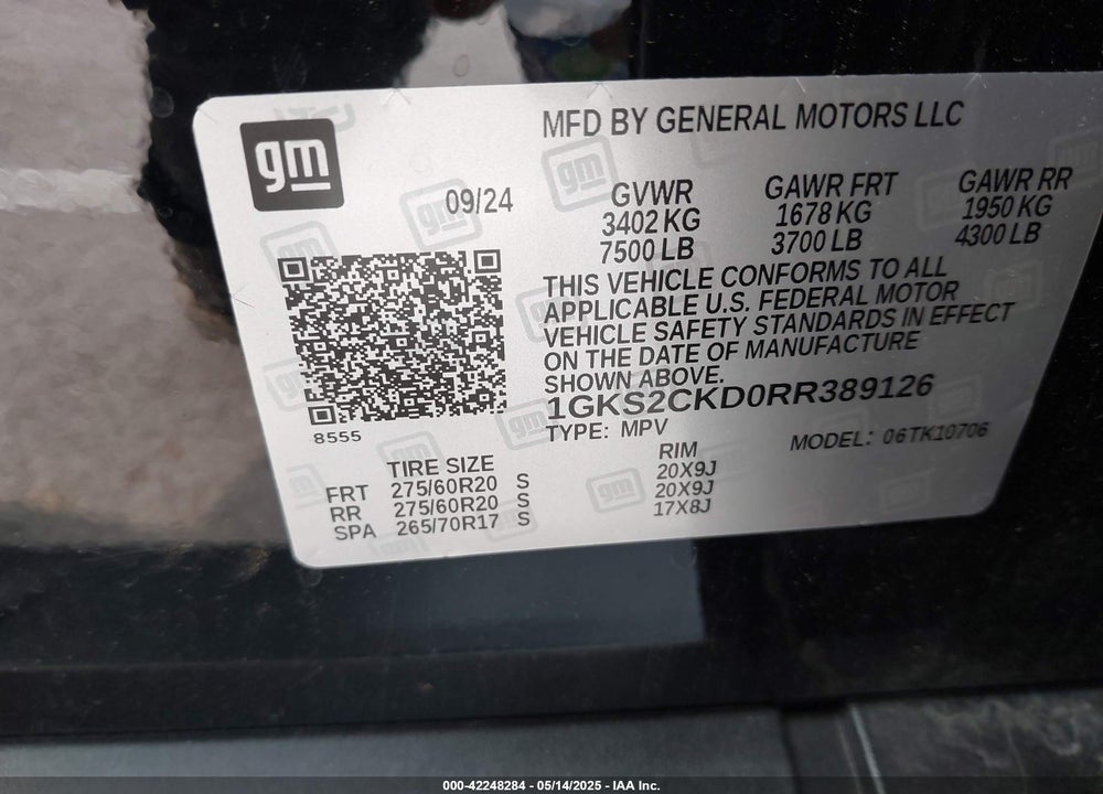 2024 GMC YUKON 4WD AT4 VIN: 1GKS2CKD0RR389126