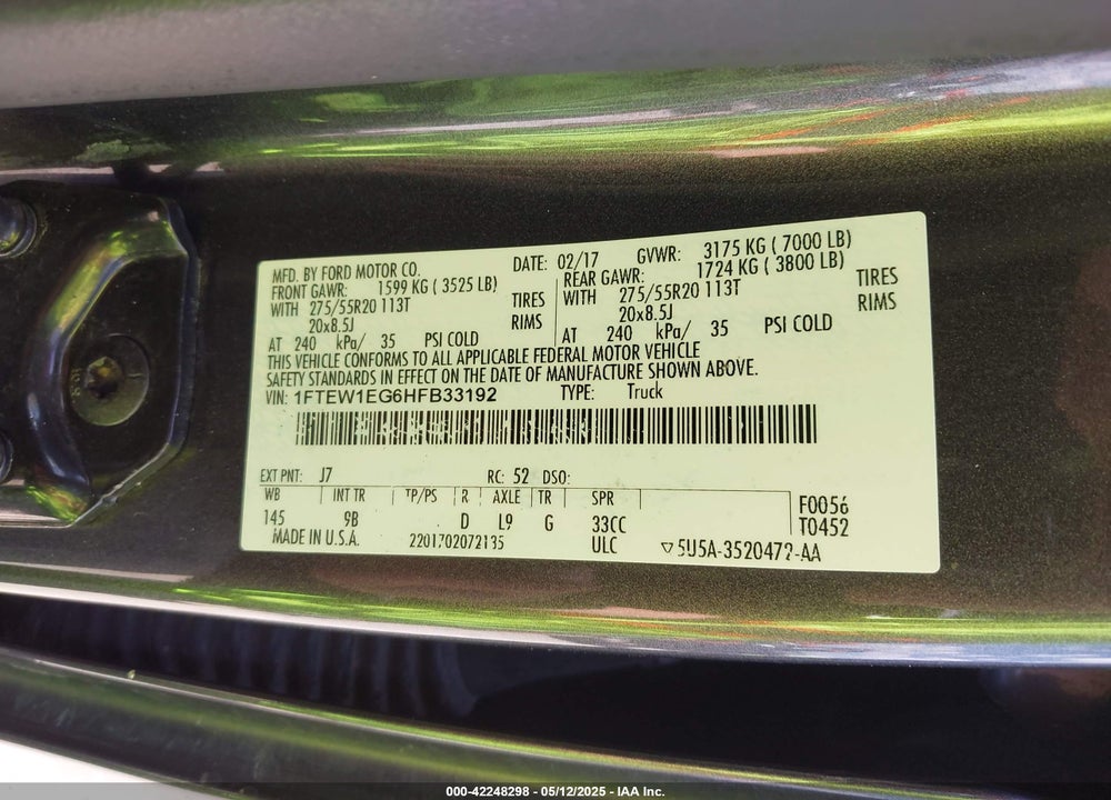 2017 FORD F-150 VIN: 1FTEW1EG6HFB33192