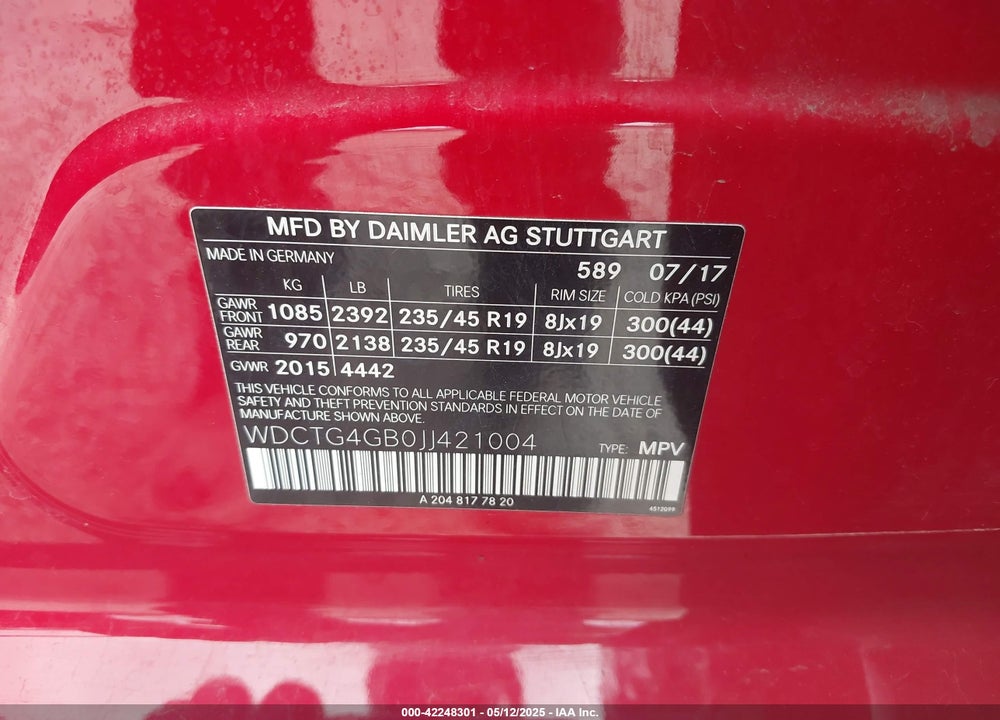 2018 MERCEDES-BENZ GLA 250 4MATIC VIN: WDCTG4GB0JJ421004