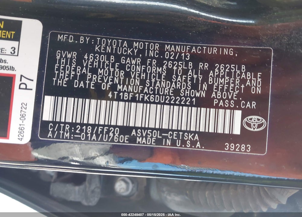 2013 TOYOTA CAMRY SE VIN: 4T1BF1FK6DU222221