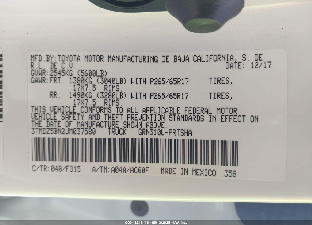 2018 TOYOTA TACOMA VIN: 3TMDZ5BN2JM037580