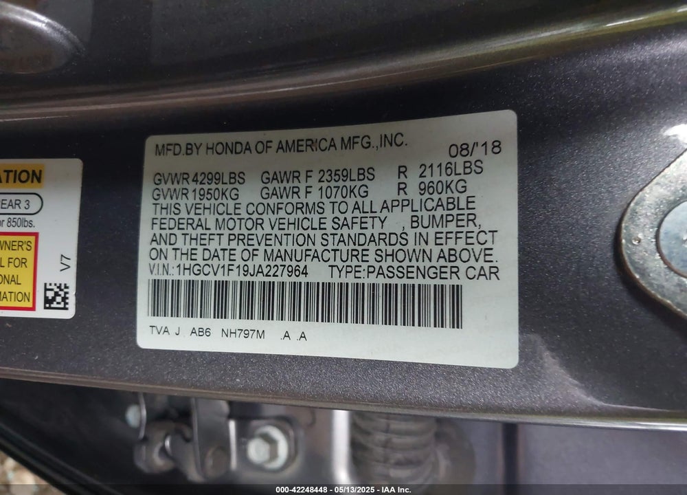 2018 HONDA ACCORD LX VIN: 1HGCV1F19JA227964
